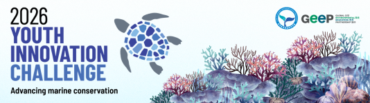 "2026 Youth Innovation Challenge: Advancing marine conservation" next to a graphic of a turtle and illustrated coral reef