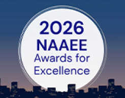 The logo for the 2026 NAAEE Awards for Excellence in a white circle over an illustrated skyline