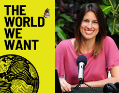 A headshot of podcast guest Crystal DiMiceli sitting with a desk-mounted microphone against a wall of greenery. To the left is the logo for The World We Want podcast.