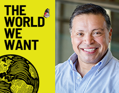 A headshot of podcast guest Diego Ramón in an office. To the left is the logo for The World We Want podcast.