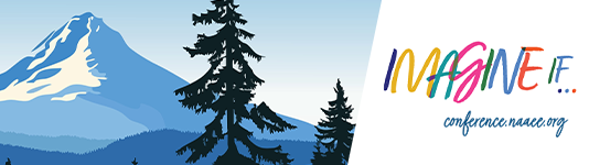 An illustration of Mount Hood in Portland, Oregon with trees in the foreground. To the right is the logo of the Imagine If... conference.