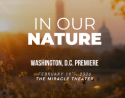 Sepia-toned photo of Washington DC with the text "In Our Nature" in white