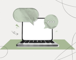 Illustrated laptop with empty green speech bubbles around it