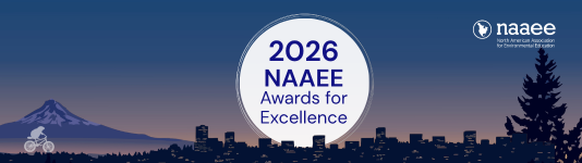 Portland, Oregon skyline at dusk with a white circle in the middle with text, "2026 NAAEE Awards for Excellence"