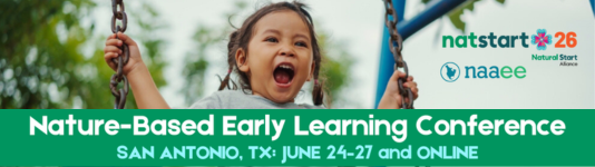 A child swinging and yelling, with text advertising the Nature-Based Early Learning Conference from NatStart