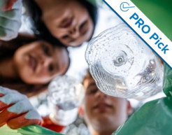 Three students look into a recycling bin while collecting plastic bottles. The logo for "PRO Picks" displayed diagonally in the image's upper right corner.