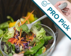 A hand holding a fork over a garden salad. The PRO Pick logo is across the top right side of the image in a banner.