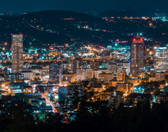 The skyline of downtown Portland, Oregon at night.