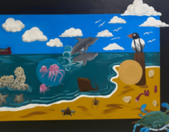 Multimedia rendition of a coastal ecosystem with fish, mammals, birds, and crustaceans.
