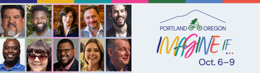 A grid of 10 professional headshots, showcasing the keynote speaker line-up for the NAAEE 2026 Conference. To the right of the grid is a logo for "Portland, Oregon," and the conference theme, "Imagine If...," along with the dates of Oct. 6–9.