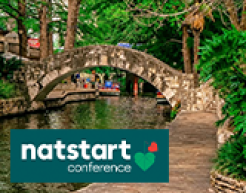 A bridge in San Antonio, Texas with the logo for the NatStart Conference in the lower right of the image.