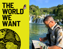 John Muir Laws illustrates in a nature journal with a waterfall behind him. To the left is the logo for "The World We Want" podcast.