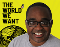 Quilen Blackwell in front of an illustrated globe and the logo for "The World We Want."