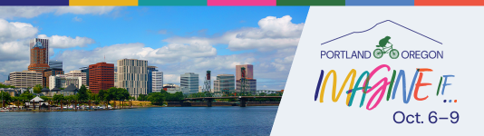 The Portland skyline with a cloudy blue sky in the background. To the right are the logos for "Portland, Oregon," and the 2026 NAAEE Conference, "Imagine If...," along with text reading Oct. 6-9.