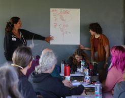 Two teachers stand in front of a white poster on the wall with a table of other teachers watching them.