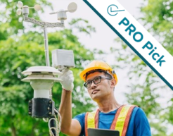 A field technician wearing a hard hat adjusts weather monitoring equipment outdoors. A banner in the corner shows the PRO Pick logo.
