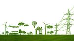 green illustration of houses, energy infrastructure, transportation