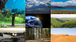 Grid of varying ecosystems around the world such as desserts, mountains, and ocean. 