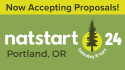 Logo for NatStart24 Portland, OR on green background with the words "Now Accepting Proposals!"