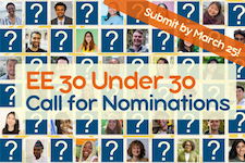 Grid of smiling EE 30 Under 30 faces interspersed with question marks. Text overlay says "EE 30 Under 30 Call for Nominations. Submit by March 25!"