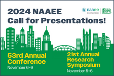"2024 NAAEE Call for Presentations!" yellow cityscape on white background "53rd Annual Conference November 6–9; 21st Annual Research Symposium November 5–6"