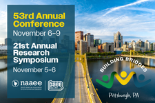 Three yellow bridges lead to the city of Pittsburgh. Yellow and white text "NAAEE Conference and Research Symposium."