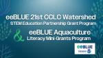 Announcement for eeBLUE grant recipients on blue underwater scene with green and blue coral