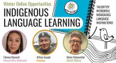 Poster for the Outdoor Learning School & Store's Winter Indigenous Language Learning Courses: Instructors are pictured, including "Tahnee Bennett (Kanien'keha [Mohawk]), Alfred Joseph (Ktunaxa), Marie Schoenthal (Michif [Metis]); below this is stylistic art of a fish