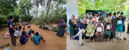 Two photos side-by-side: on the left, CEE Change Fellow Aneesa Jamal conducting a Young Climate Authors Program in a forest, and on the right, a group gathers for a photo