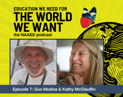 Gus Medina and Kathy McGlauflin smile beneath the logo of The World We Want podcast