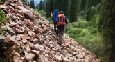 A group of backpackers walk along a rocky mountainside