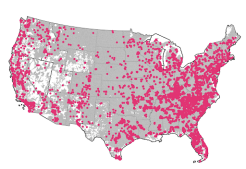 Map of continental U.S. in grey with pink dots scattered across the states