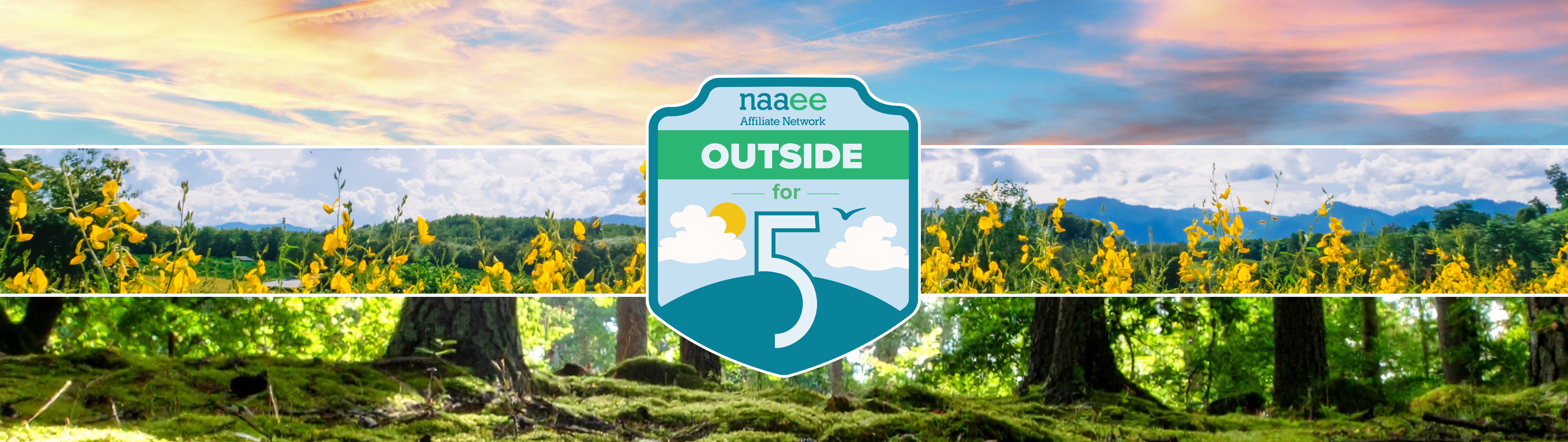 Collage of three landscape photos with the Outside for 5 badge in the middle